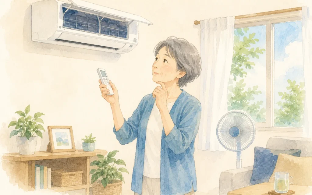 エアコンのリモコンを持って設定を確認する高齢の女性