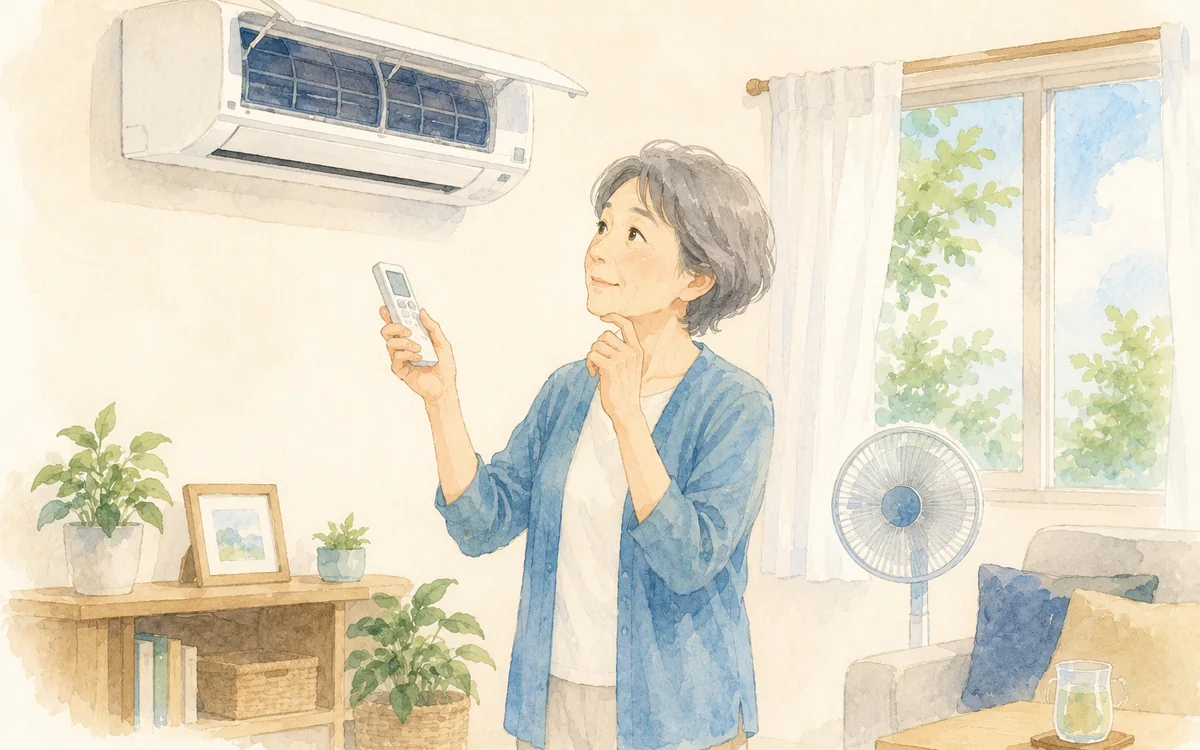 エアコンのリモコンを持って設定を確認する高齢の女性