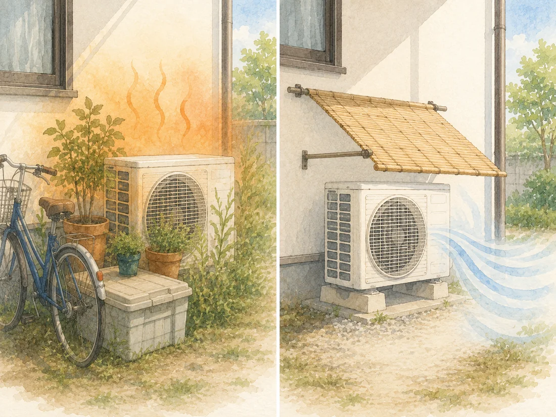 物でふさがれた室外機と、まわりを片づけた室外機