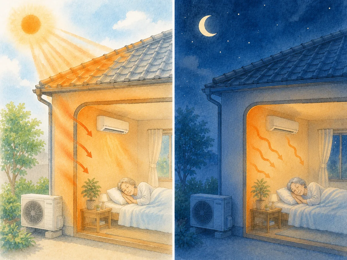 昼に壁や屋根がためた熱が、夜になって室内に伝わるようす