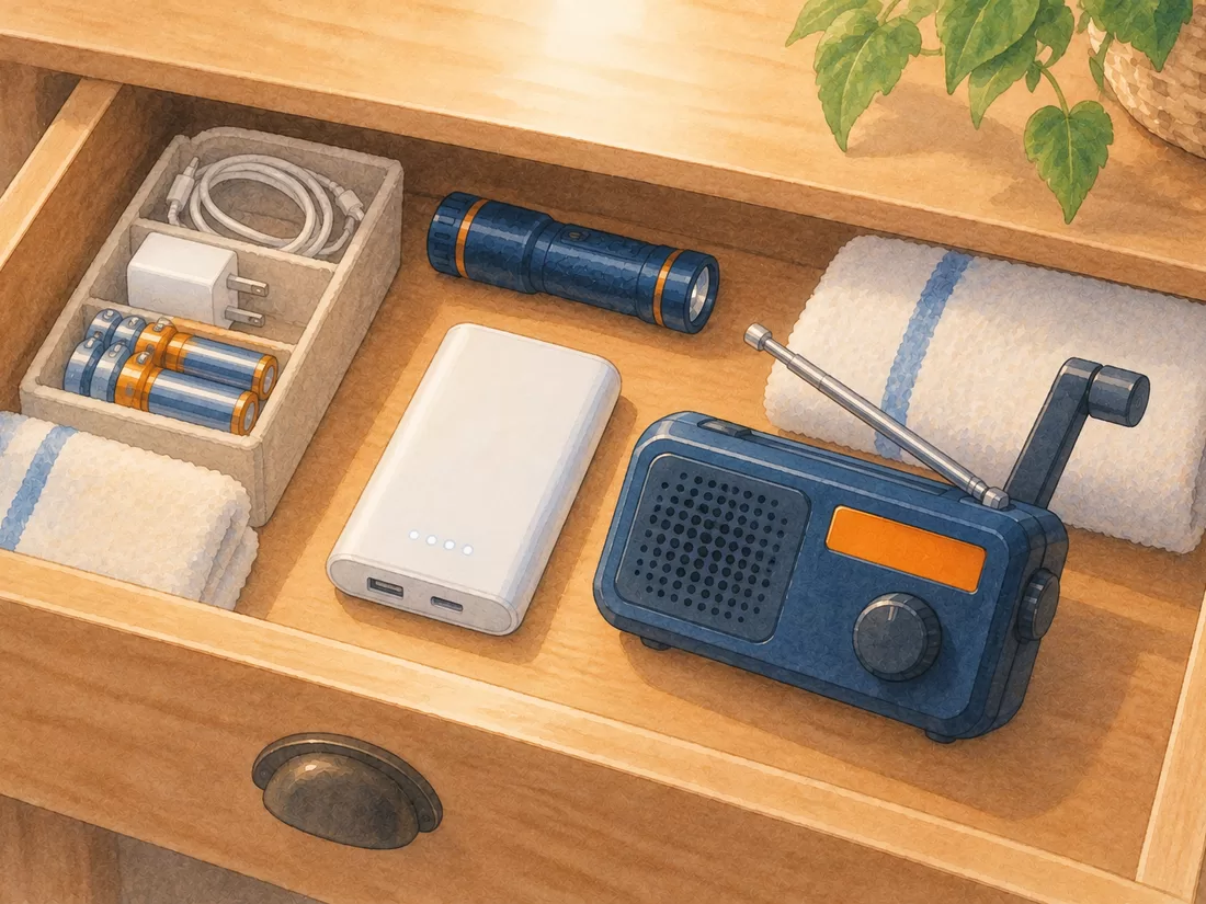 モバイルバッテリーと手回しラジオを引き出しに備えるイラスト