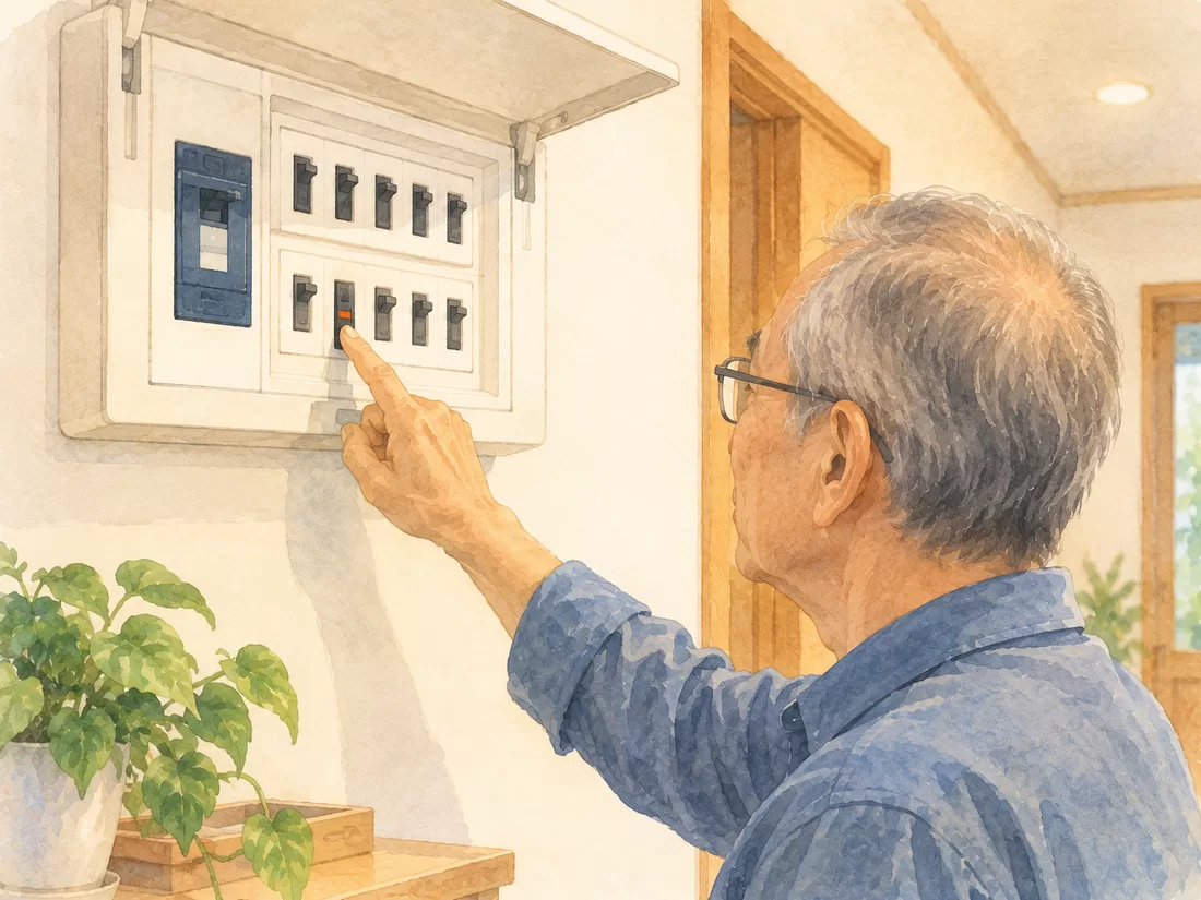 分電盤のブレーカーを確認するシニアの手元のイラスト