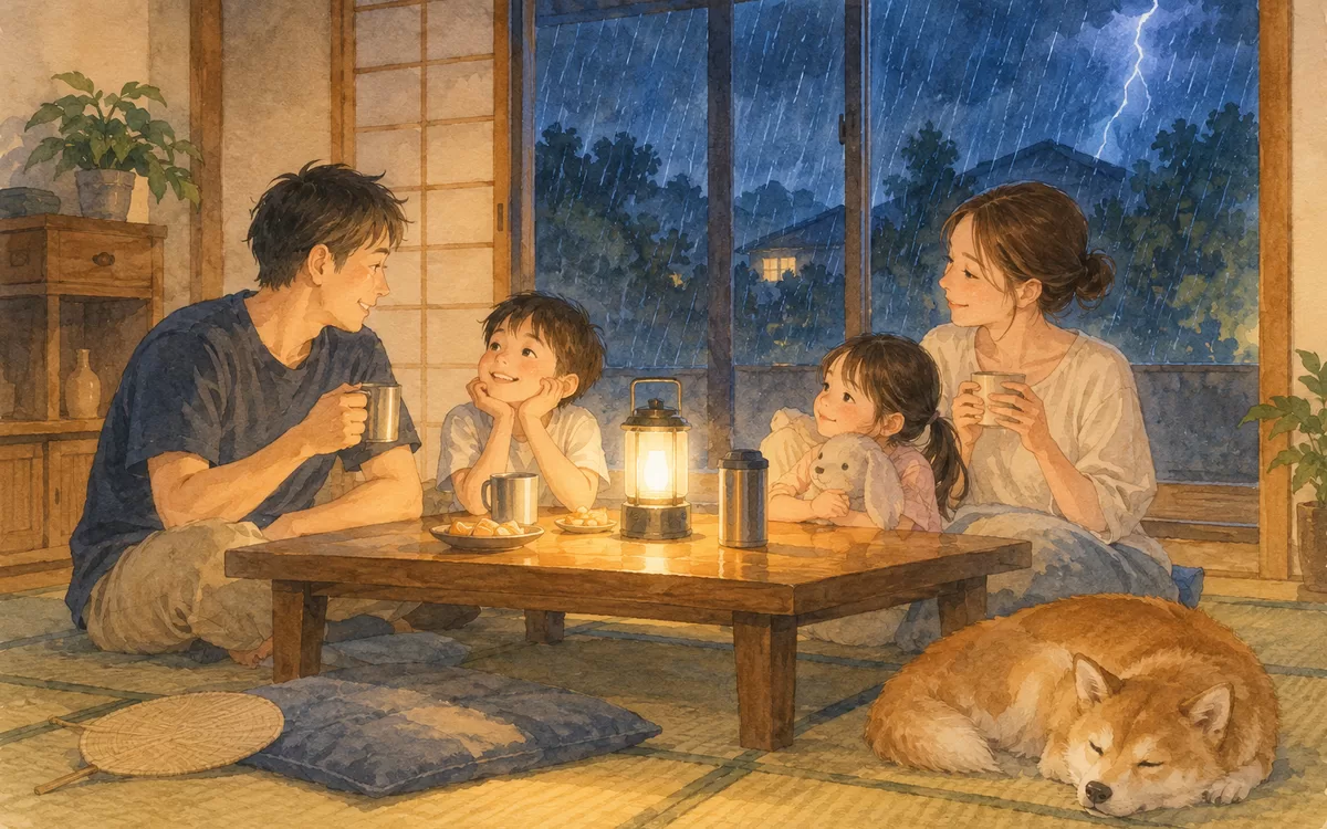 夕立の夜、電池式ランタンの明かりで穏やかに過ごす家族のイラスト