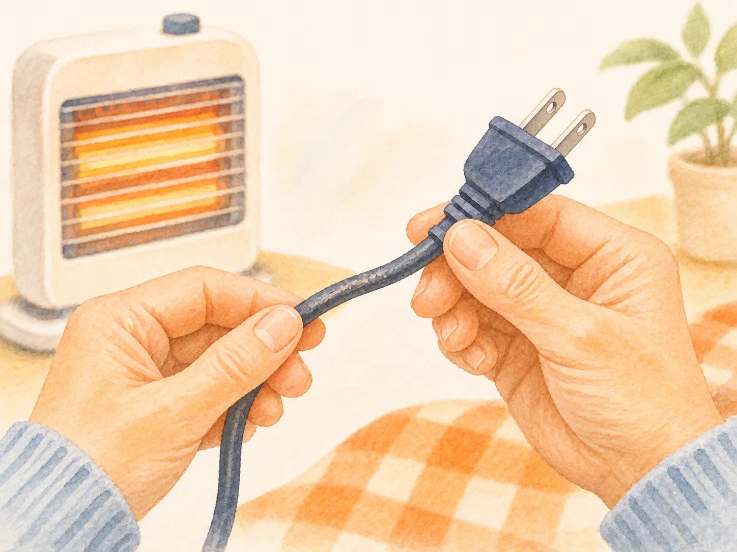 暖房器具の電源コードやプラグを手に取って傷みがないか確かめる様子