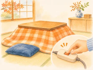 押し入れから出した電気ストーブとこたつを、使う前にやさしく点検する様子